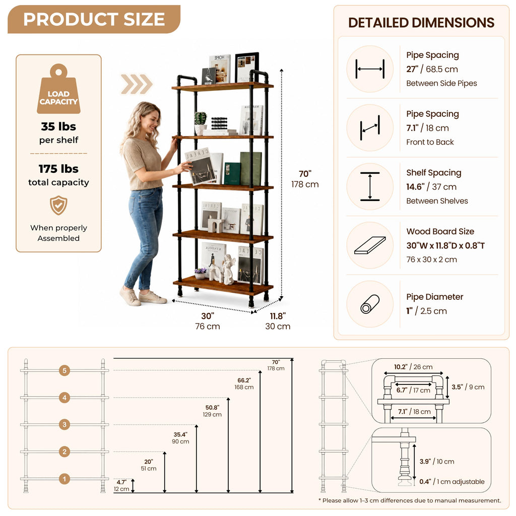 5 Tier Rustic Brown Bookshelf D651