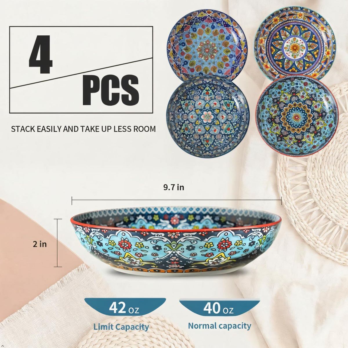 Pasta Bowls Set of 4, 42 oz Ceramic Serving Bowls W165397
