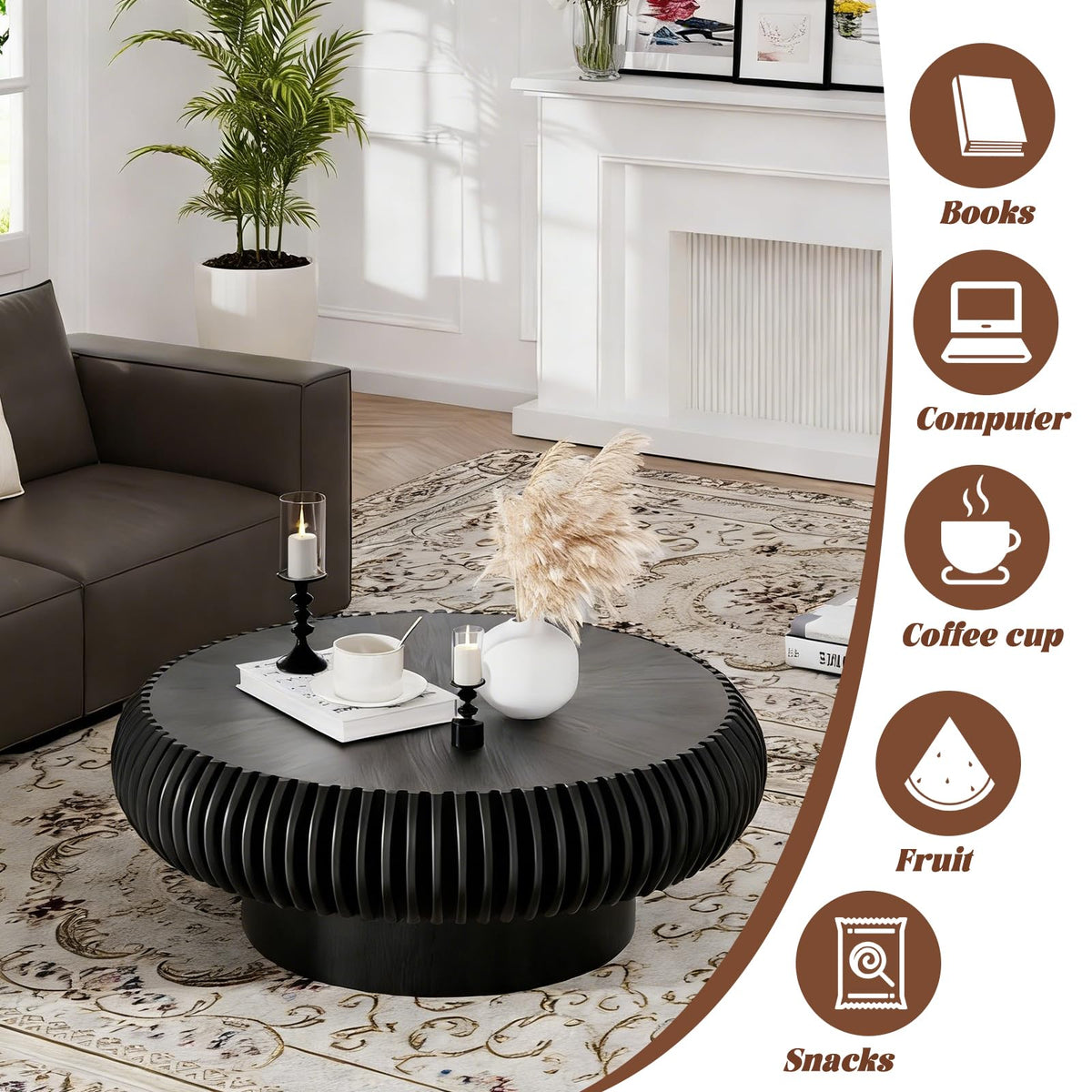 Black Round Fluted Drum Coffee Table V829