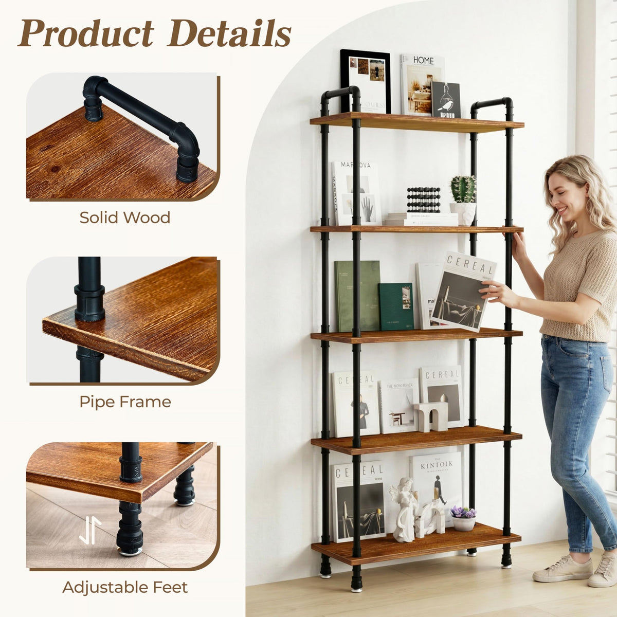 5 Tier Rustic Brown Bookshelf D651