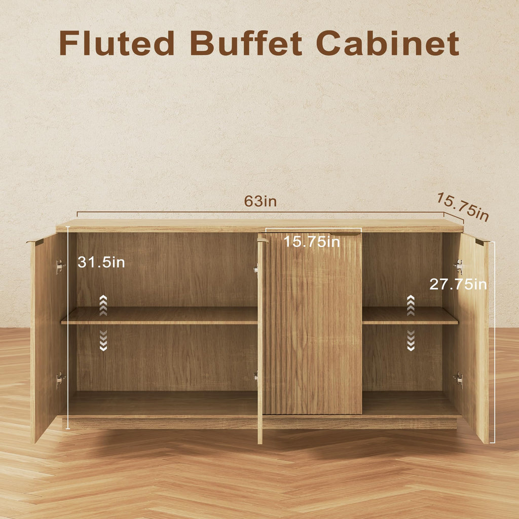 Natural Oak Fluted Wooden Sideboard Cabinet with 4 Doors G8843