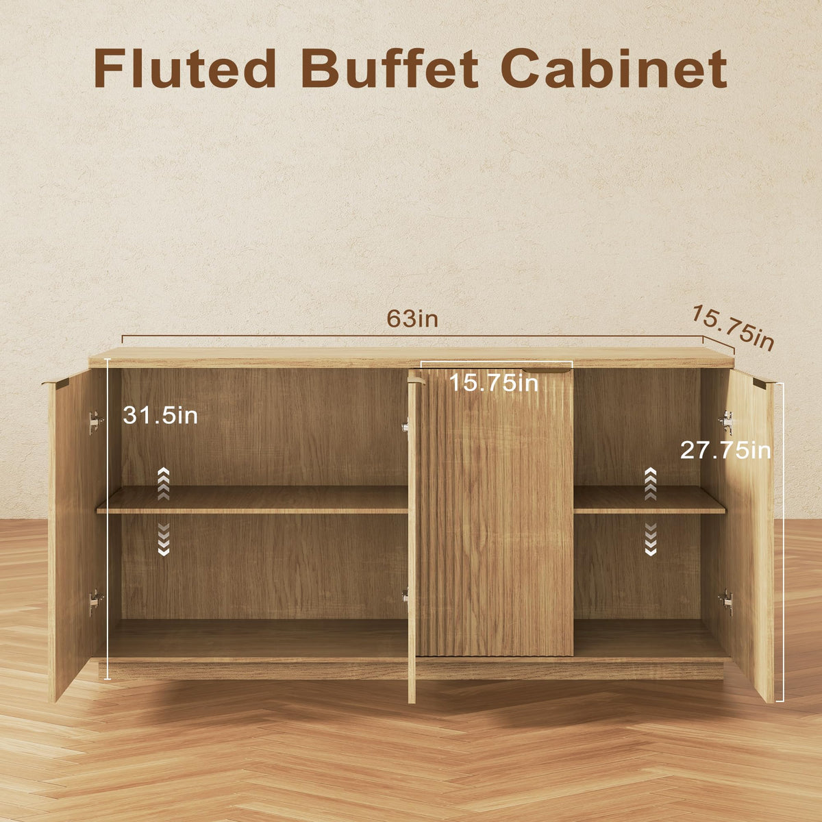 Natural Oak Fluted Wooden Sideboard Cabinet with 4 Doors G8843