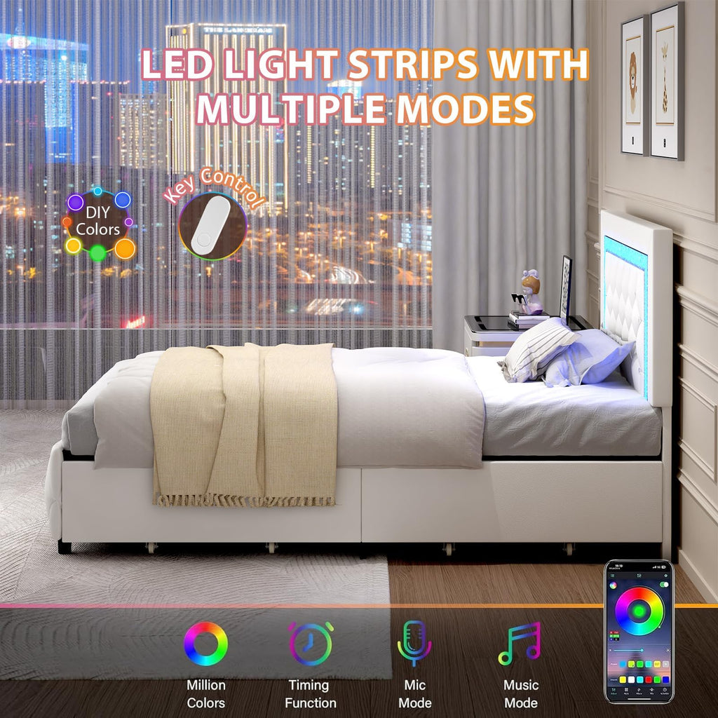 White Twin Bed Frame with Storage Drawers and LED Lights D590697