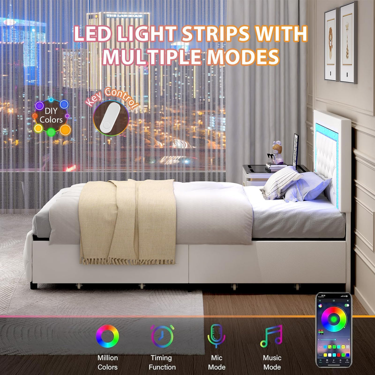 White Twin Bed Frame with Storage Drawers and LED Lights D590697