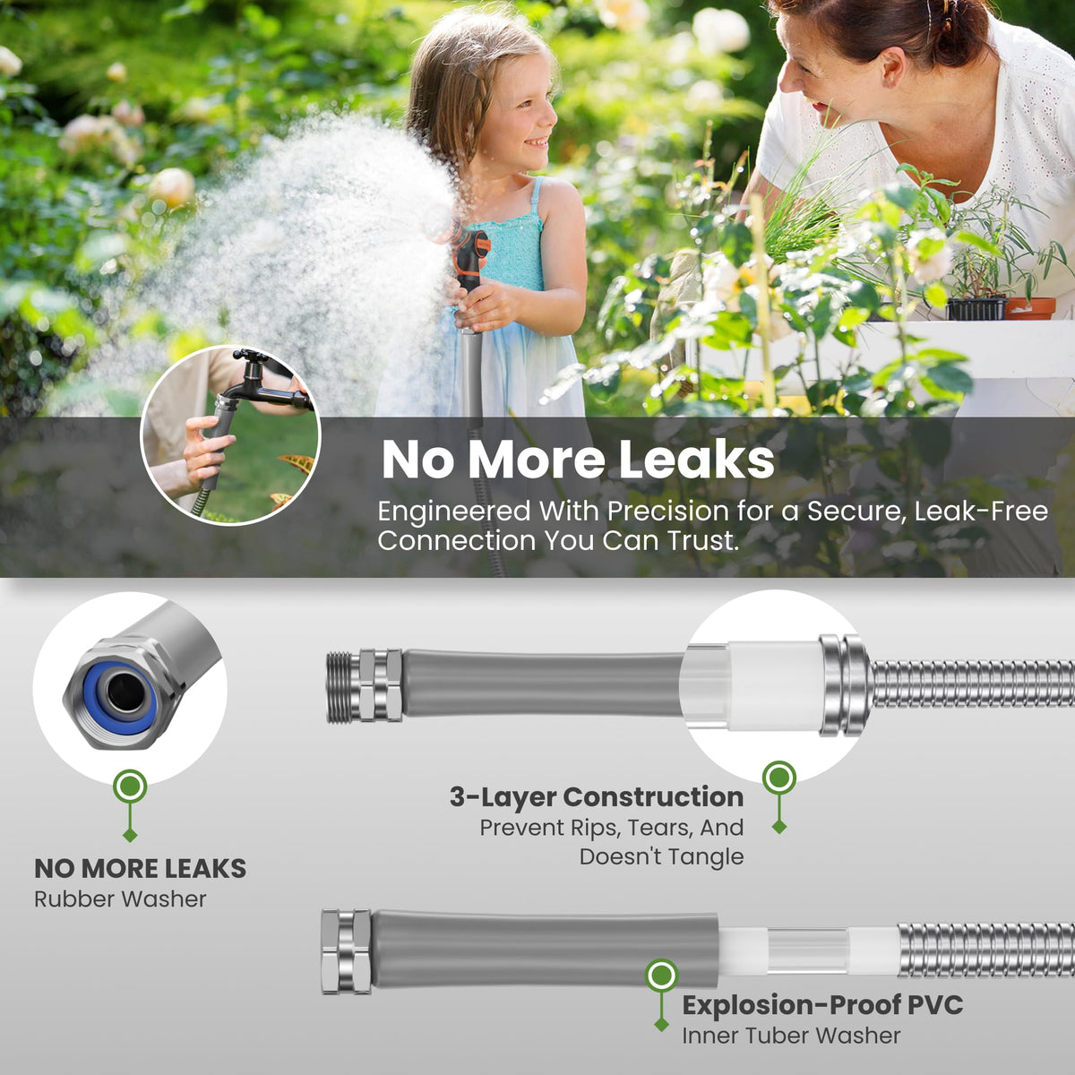 100ft Stainless Steel Garden Hose with Spray Nozzle F88946