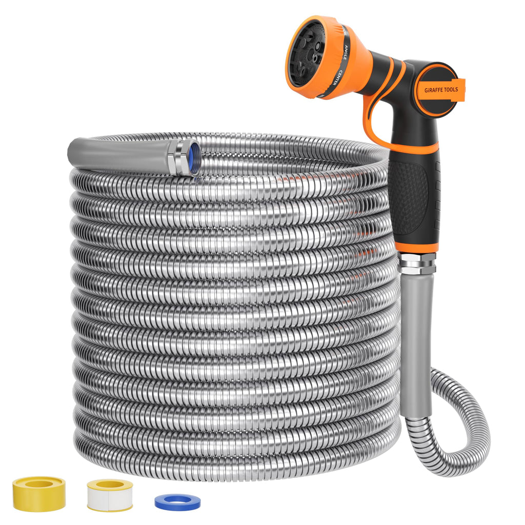 100ft Stainless Steel Garden Hose with Spray Nozzle F88946