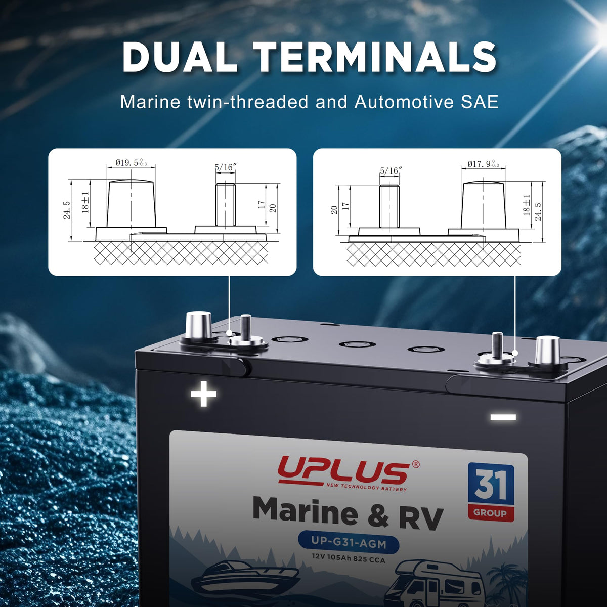 12V 105Ah 825CCA Dual Purpose AGM Marine Battery L580