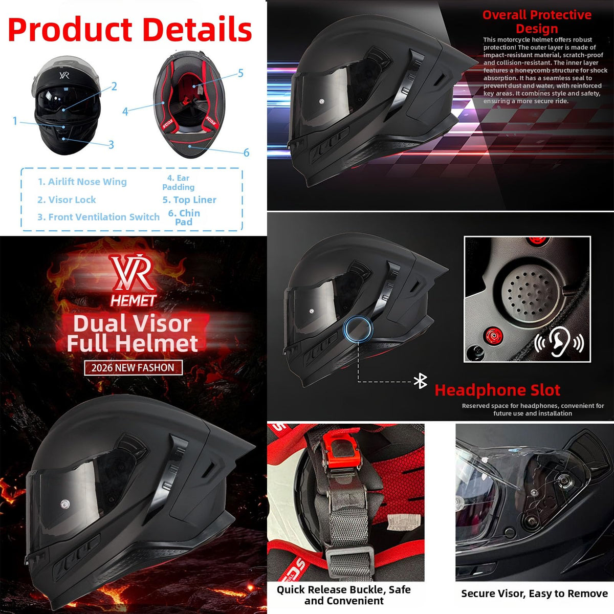 Full Face Motorcycle Helmet DOT Dual Sun Visor Y347232