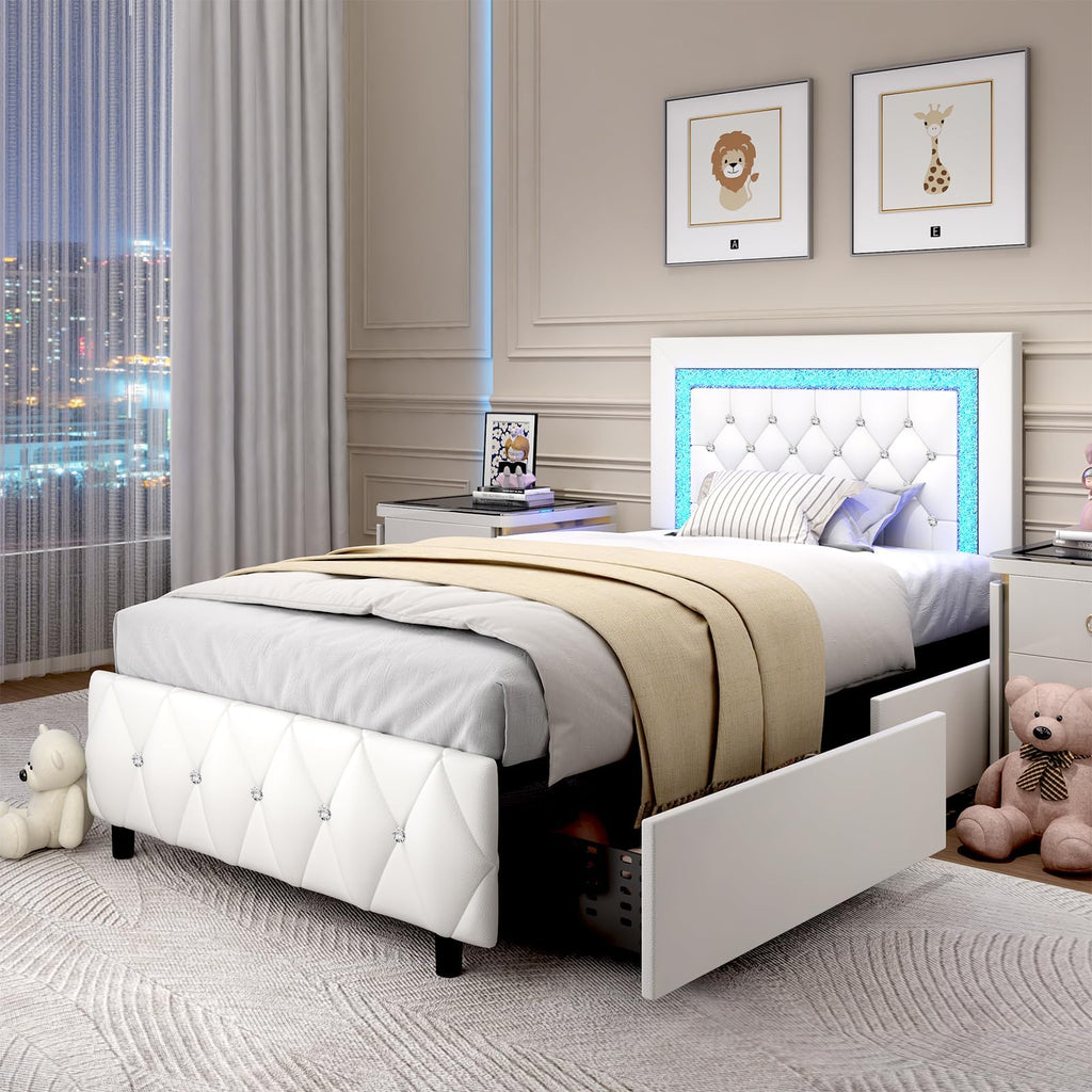 White Twin Bed Frame with Storage Drawers and LED Lights D590697