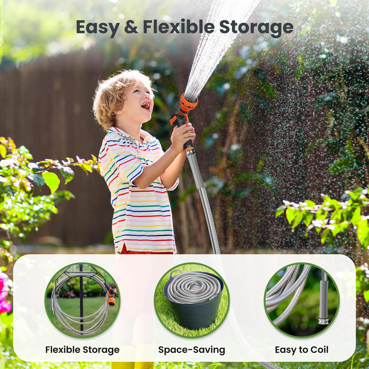 100ft Stainless Steel Garden Hose with Spray Nozzle F88946