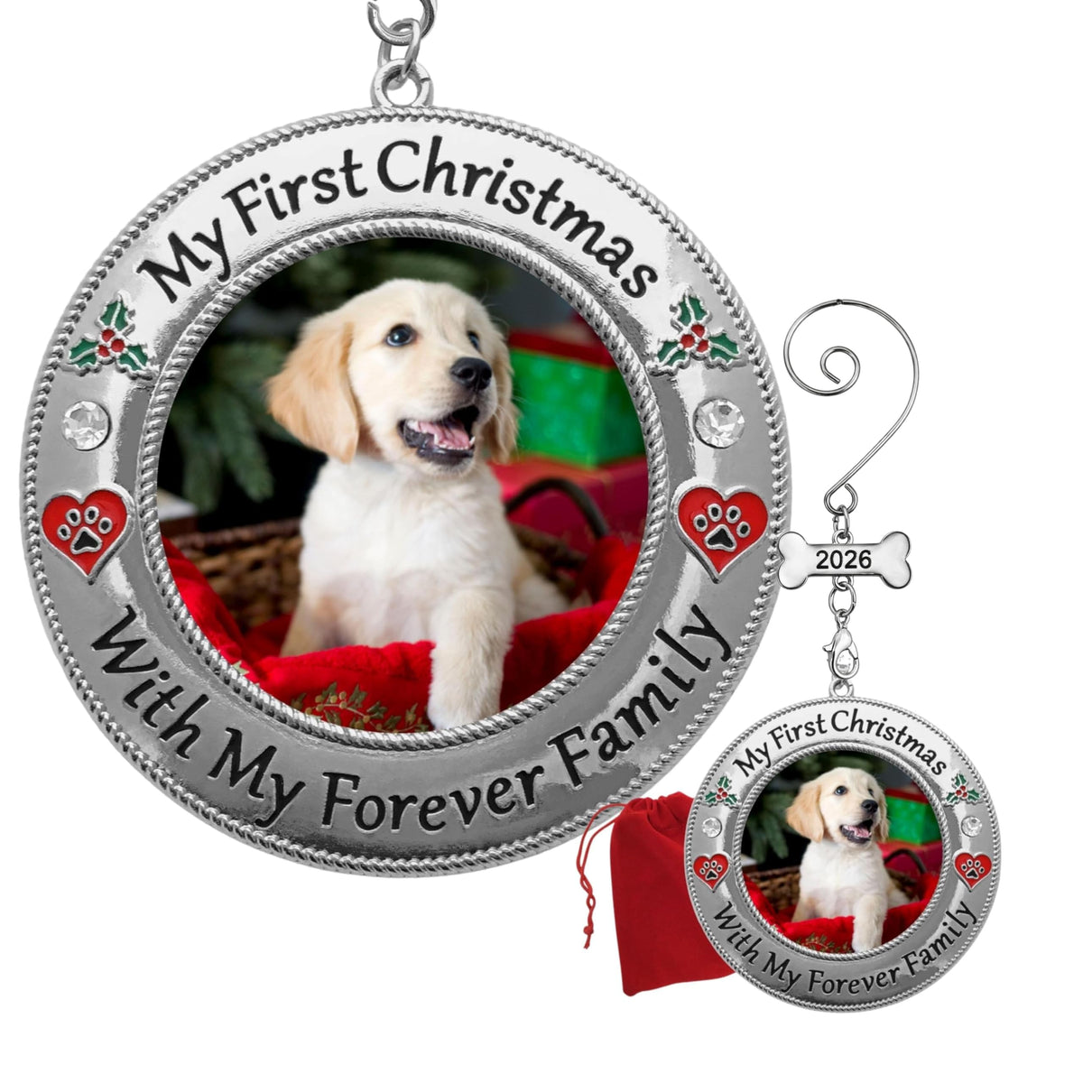 Dog Photo Ornament with Red Heart, 3 Inch S50611