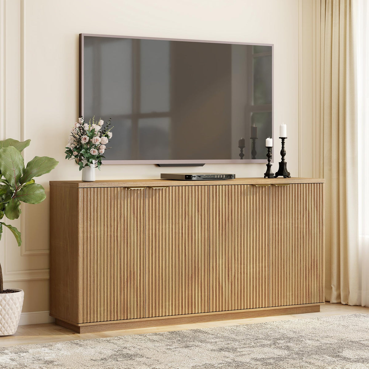 Natural Oak Fluted Wooden Sideboard Cabinet with 4 Doors G8843