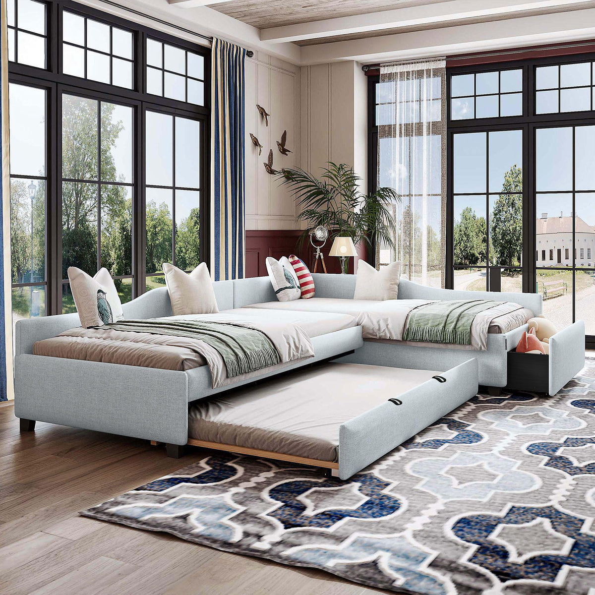 Beige Linen Upholstered Double Twin Size Daybed with Trundle and Drawer O452976