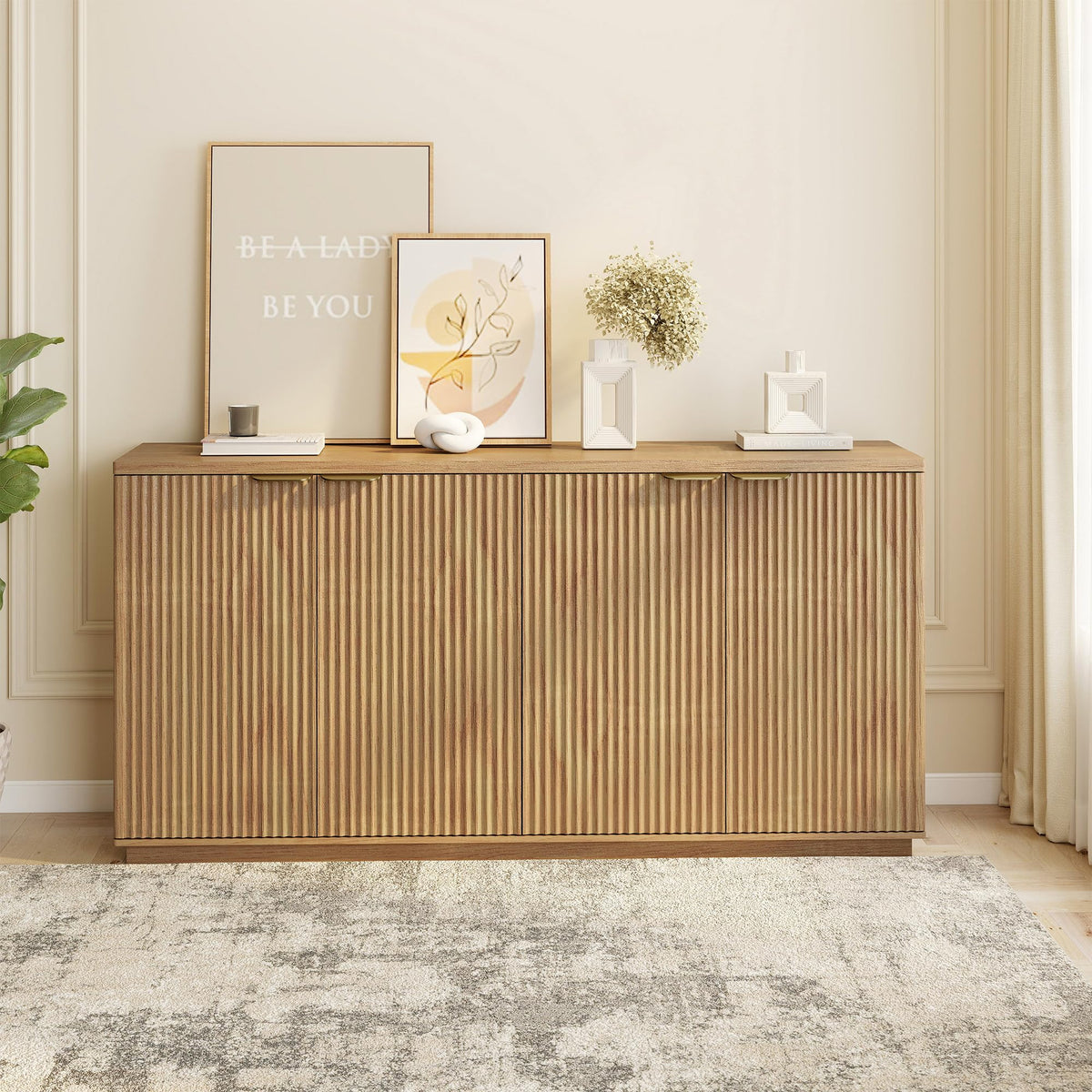 Natural Oak Fluted Wooden Sideboard Cabinet with 4 Doors G8843