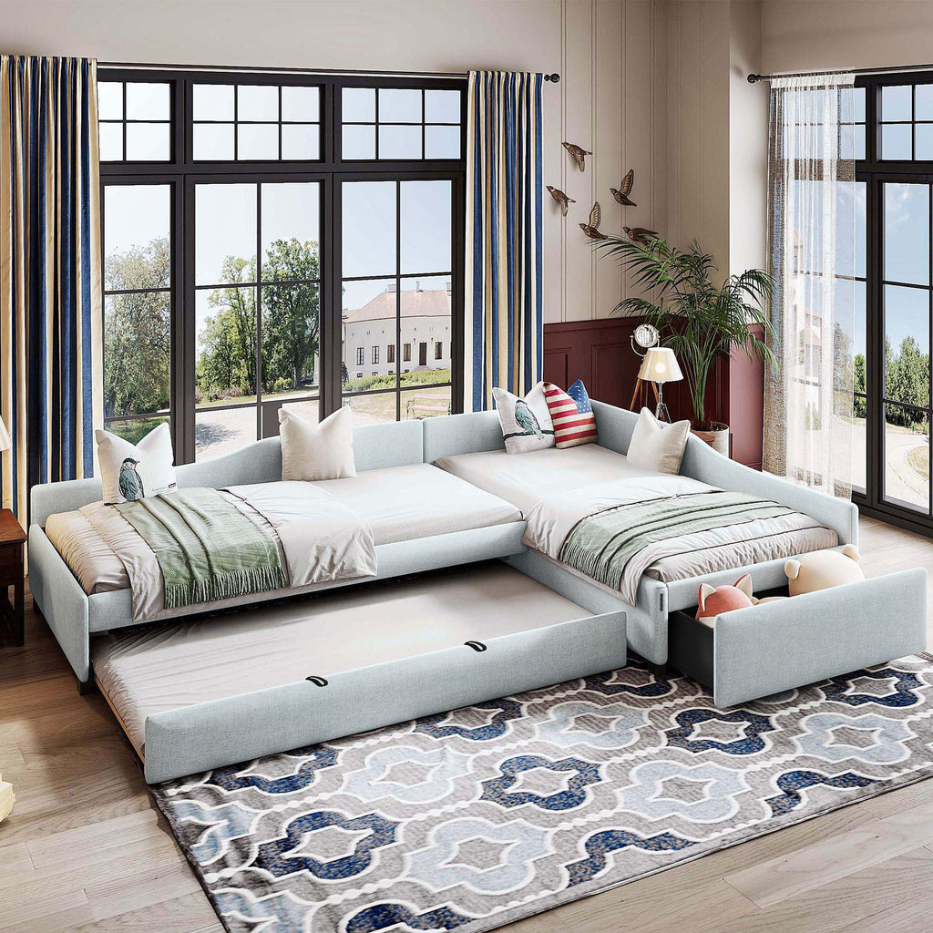 Beige Linen Upholstered Double Twin Size Daybed with Trundle and Drawer O452976