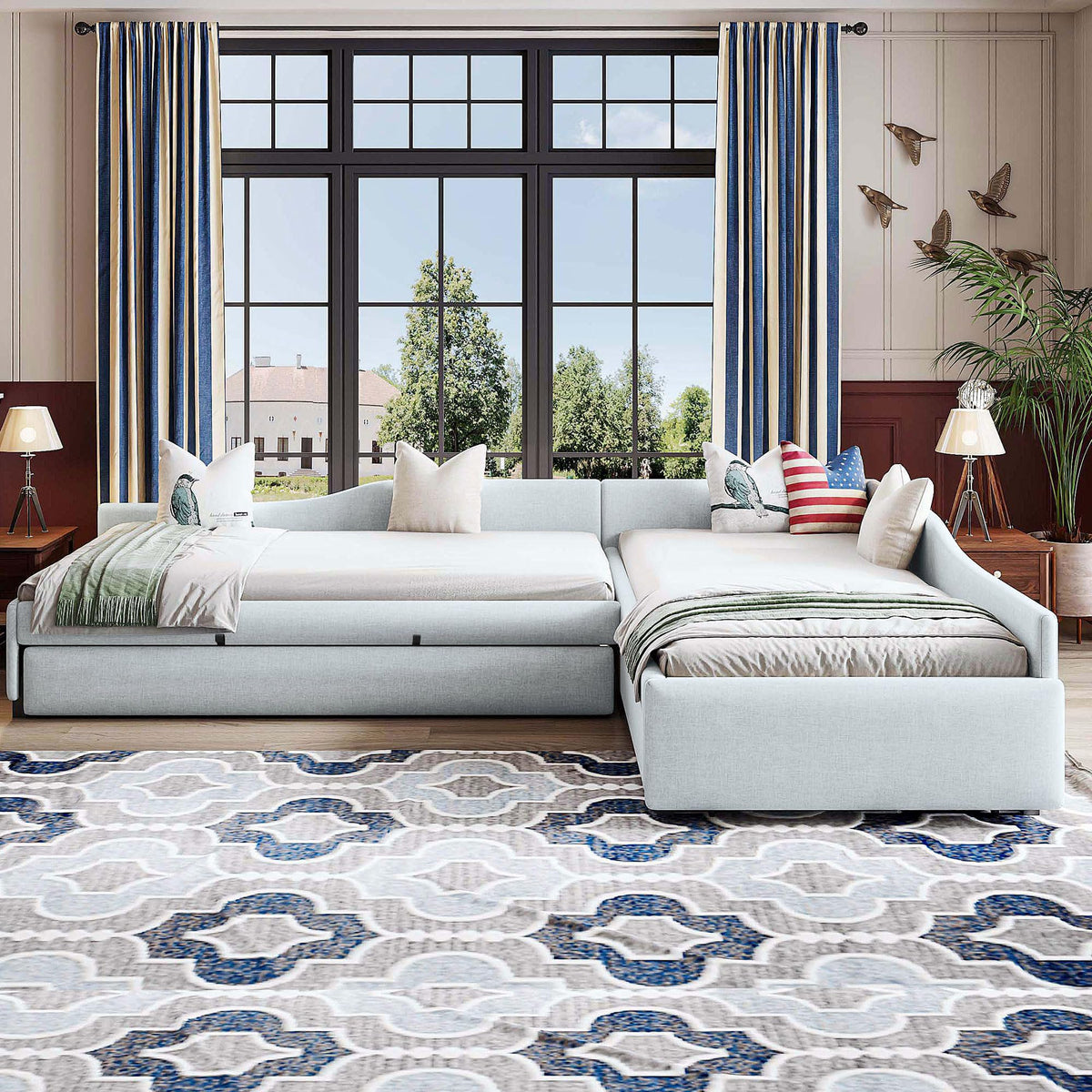 Beige Linen Upholstered Double Twin Size Daybed with Trundle and Drawer O452976